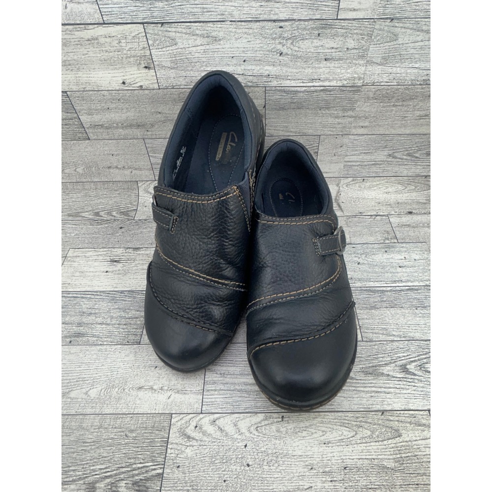 Clarks Collection Black Leather Loafers Buckle Slip On Shoes Women Size 9M